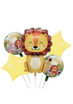 Set 5 Baloane din Folie Metalizata, Flippy, Figurine, Tema Aniversare Jungla, Pai Inclus, Ambalaj Individual, Umflare cu Aer sau Heliu, Figurina Leu 69.5x101 cm, Stelute si Cerculete 45 cm, Multicolor