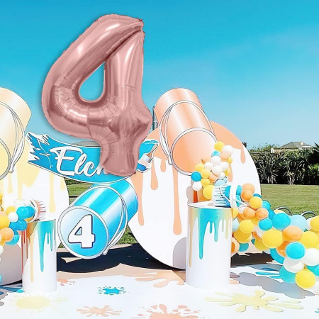 Balon din Folie Metalizata Flippy, Figurina Cifra, Tema Aniversare 40 cm, Ambalaj Individual, Pai inclus, Umflare cu Aer sau Heliu, Rose Gold, Cifra 4