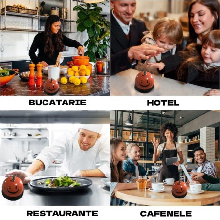 Clopotel Metalic Multifunctional, Flippy, Portocaliu cu Imprimeu Smiley Face, 7.5x7.5x6.5 cm, Receptie, Restaurant, Cafenele