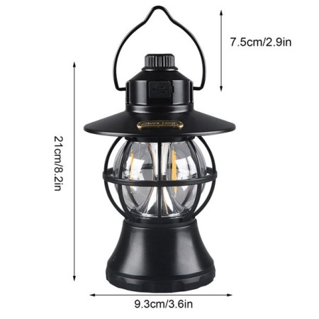 Lampă Camping Retro Portabilă Neagră, Felinar LED Vintage, 1200mAh, Reîncărcabilă, 3 Moduri Iluminare, Intensitate Reglabilă, 20 cm, Cârlig Agățare