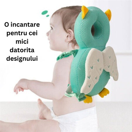 Rucsac cu Pernă de Protecție pentru Cap, Model Bufniță, Design cu Plasă Aerisită, Tetieră Ergonomică pentru Bebeluși, 33x6x19 cm, 180 g, Albastru
