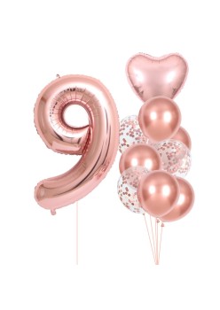 Set 10 Baloane Folie si Latex, Flippy, Tematica Aniversare, Baloane Latex 25cm, Figurina Inimioara 45 cm, Cifra 9 de 81 cm, Ambalaj Individual, Pai Inclus, Umflare cu Aer sau Heliu, Roz Pal