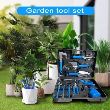 Set 10 Unelte de Grădină, Mânere Albastre, Oțel Inoxidabil, Cutie Inclusă, 37x28x7 cm, Negru – Pentru Plantare, Sol și Îngrijire Plante