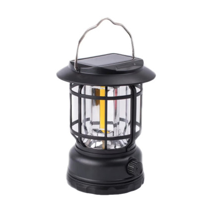 Lampa Camping Portabilă Retro, 30 COB LED, Intensitate Reglabilă, Încărcare Solară & USB, Acumulator Inclus, Negru, 5W