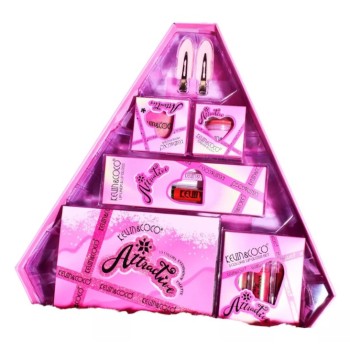 Set de Machiaj din 6 Piese Kevin&Coco, Farduri de Pleoape, Iluminator, Lip Gloss-uri, Creioane de Buze, Blush, Agrafe, Model Atractive, 35x33x10.5 cm, Multicolor