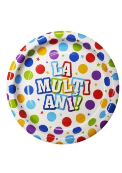 Set 10 Farfurii Unica Folosinta, Flippy, Imprimeu La Multi Ani, din Carton, Diametru 17 cm, Multicolor