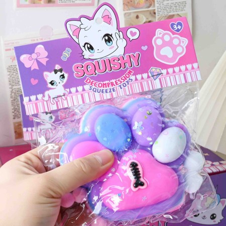 Jucarie Antistres Squishy, Flippy, cu Revenire Lenta, Model Labuta de Pisica, cu Pestisor, 220g, 12.5 x 10.5 cm Squeeze Pinch Family, Ambalaj Transparent, Roz-Multicolor