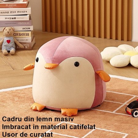 Taburet FunPingu, Cadru din Lemn Masiv, Pernă Moale din Burete, Mâner pentru Transport, Design Jucăuș, 25 x 29 x 29 cm, Roz