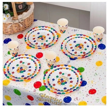 Fata de Masa, Flippy, din PEVA, Imprimeu Happy Birthday cu Baloane, 137 x 274 cm, Impermeabila, Fara Pete, Curatare Rapida, Multicolor