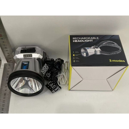 Lanterna Power Bank LED, Flippy, cu Suport pentru Cap, Incarcare USB, Raza 100-200m, 5W, 3 Trepte de Lumina, Afisaj Baterie, Argintiu