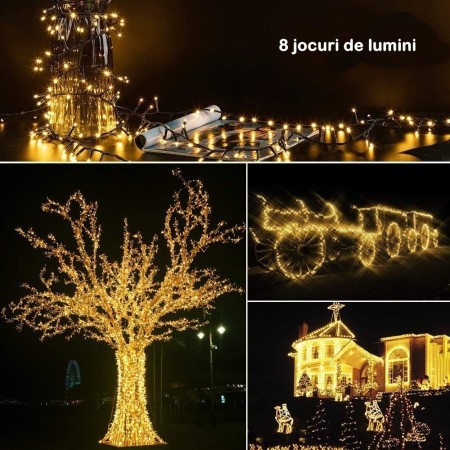 Instalatie de Craciun 8 jocuri de lumini, beculet in 6 colturi, liniara, 10 m, din care 1 m cablu priza 220V, 100 LED, controler, fir negru, alb cald