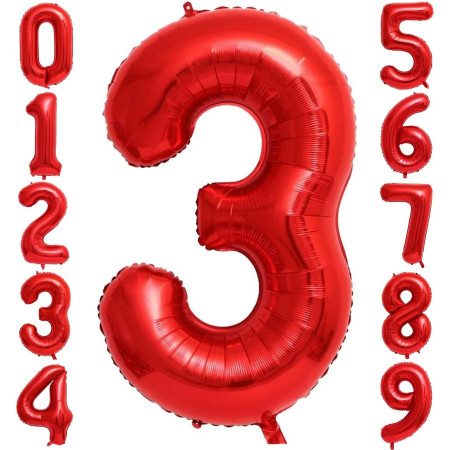 Balon din Folie Metalizata Flippy, Figurina Cifra, Tema Aniversare 80 cm, Ambalaj Individual, Pai inclus, Umflare cu Aer sau Heliu, Rosu, Cifra 3