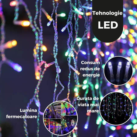Instalatie Craciun Tip Franjuri/Turturi, 8 Jocuri de Lumini, Interconectabila, 7 m, 200 LED-uri, Prelungitor 1.5 m, Fir transparent, Multicolor