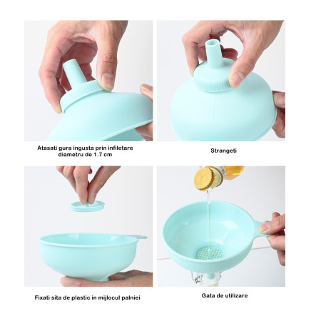 Palnie din plastic 3 in 1 Flippy, doua dimensiuni de scurgere, cu filet si filtru, diametru scurgere 5.4 cm, 11.5 x 16.7 cm, albastru