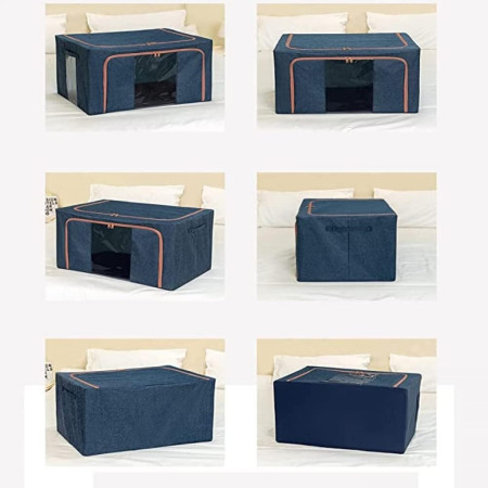 Cutie de Depozitare Pliabilă Premium, 24L, Textil Rezistent, Cadru Metalic, Fermoar Dublu, Ferestre Vizuale, 40x30x20 cm, Albastru Marin