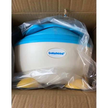 Olita pentru Copii, Flippy, +6 luni, Compartiment Detasabil, cu Capac, Antiderapanta, din Plastic, Colac Moale, Model Animat Vulpe, cu Maner, 34.5 x 35 x 23 cm, Albastru/Alb