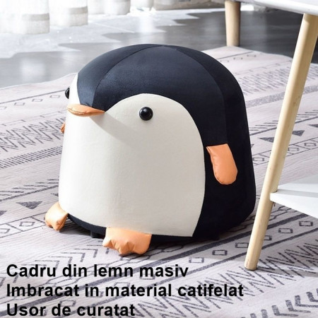 Taburet pentru Copii, Cadru din Lemn Masiv, Pernă Elastică din Burete, Design Ergonomic cu Mâner, Model Pinguin, 25 x 29 x 29 cm, Negru