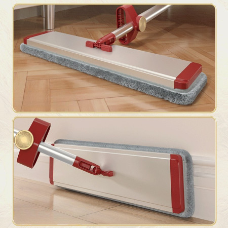 Mop Plat cu Laveta din Microfibra, Flippy, Pentru Uz Casnic, cu 2 Lavete Incluse, Sistem de Stoarcere, Tija Telescopica 130 cm, Rotire 360°, 42 x 130 cm, Rosu