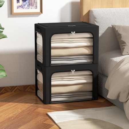 Cutie de Depozitare, Flippy, cu 3 Ferestre cu Fermoar Bidirectional, Cadru din Otel, Impermeabil, 38L, 42 x 30 x 30 cm, Negru