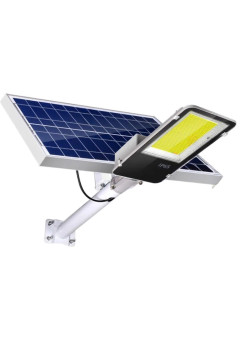 Proiector LED pentru stalp, casa, perete cu suport metalic inclus, Flippy, 38,5 cm x 14,2 cm, Rezistent la Apa IP65, cu Panou Solar, 240 COB LED, 100 W, Senzor de lumina, Timer, cu Telecomanda, intensitate reglabila, kit montaj inclus, Lumina Rece