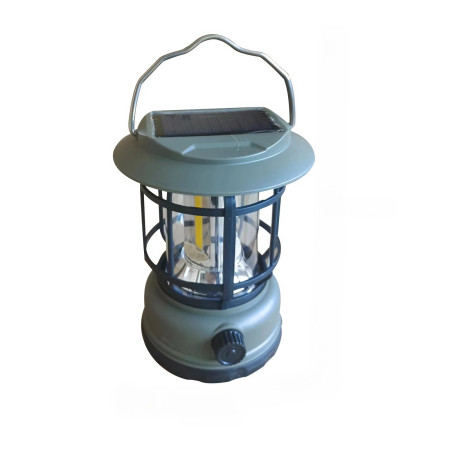 Lampa Camping Portabilă Felinar Vintage, 30 COB LED, 5W, Intensitate Reglabilă, Acumulator 1200mAh, Încărcare Solară & USB, 360°, ABS, Verde