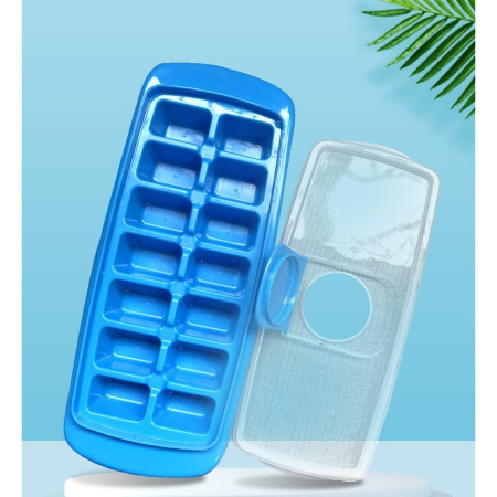 Forma pentru gheata cu capac, plastic alimentar, orificiu umplere, 29.5 x 12.5 x4 cm, 14 cuburi, Albastru