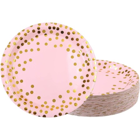 Set 10 Farfurii Unica Folosinta, Flippy, Imprimeu cu Buline, din Carton, Diametru 23 cm, Roz/Auriu