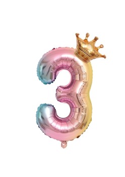 Balon din Folie Metalizata, Flippy, Figurina Cifra Gradient, Tema Aniversare 80 cm, Ambalaj Individual, Pai inclus, Umflare cu Aer sau Heliu, Coronita, Cifra 3