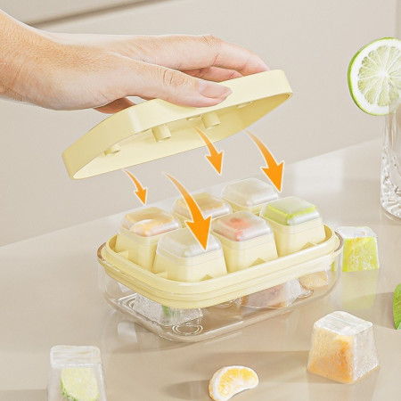 Forma pentru gheata cu presa Flippy, din silicon alimentar, 6 cuburi, caserola pentru depozitare, usor de folosit si curatat, 10.5 x 7.5 x 4.1 cm, galben