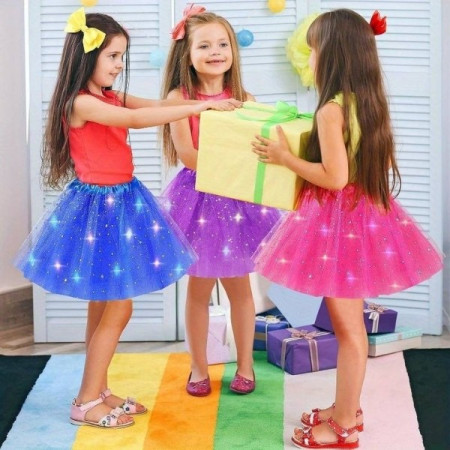 Fusta LED pentru Copii, Flippy, Tutu de Balet pentru Fetite cu Luminite Multicolore Incorporate, Model Stelute, 30 cm Lungime, Albastru