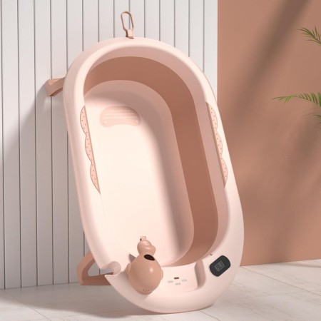 Cada Baie Pliabila pentru Copii 0-6 Ani – Roz, Cu Termometru, Perna Suport, Model Balena, 81.5 x 49 x 21.5 cm