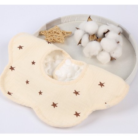 Baveta din Bumbac pentru Copii, Flippy, 0-12 Luni, Rezistenta la Apa, cu Capse, Design 3D, Model cu Stelute, Crem