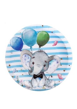 Set 10 Farfurii Unica Folosinta, Flippy, Imprimeu Elefant, din Carton, 17 cm, Albastru