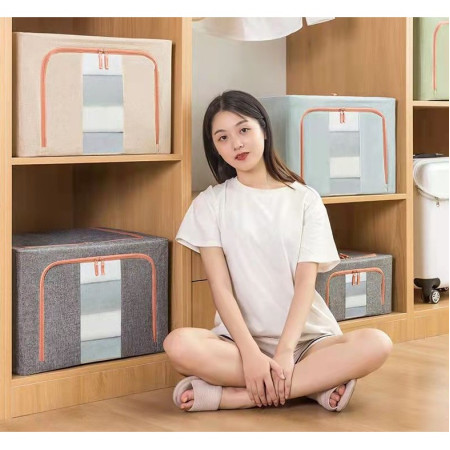 Cutie de Depozitare Pliabila, Flippy, 24 L, din Bumbac si In, 40x30x20 cm, 2 Ferestre, Frontala si Laterala, 2 Usi de Acces cu Fermoar Bidirectional, Cadru Metalic, Suport Baza Stabil din Plastic, Bej