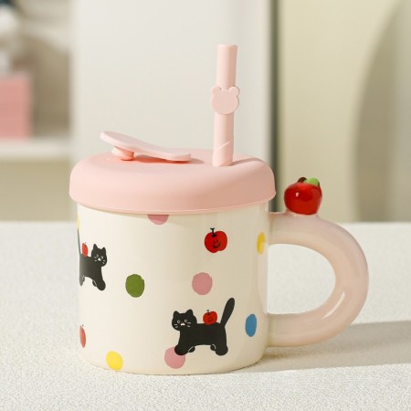 Cana din Ceramica cu Capac si Pai, Flippy, Capacul si Paiul din Silicon Roz, 9x8.5 cm, Model Cute B, Capacitate 380ml