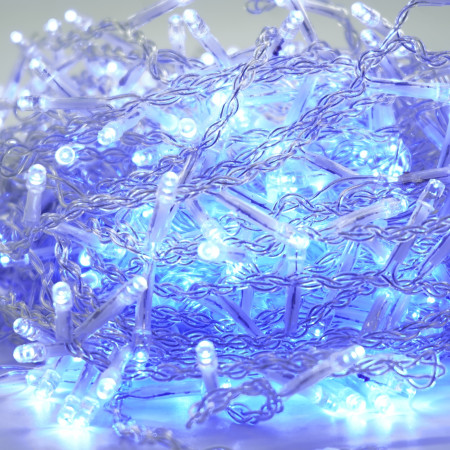 Instalatie Craciun Tip Franjuri/Turturi,  8 Jocuri de Lumini, Interconectabila, 12 m, 300 LED-uri, Prelungitor 1.5 m, Fir transparent, Albastru