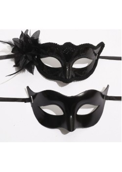 Set 2 Masti de Cuplu, Flippy, pentru Carnaval, Bal Mascat, Marime Universala, Model Floare Laterala si Margele, Model Clasic Fluture, Negru