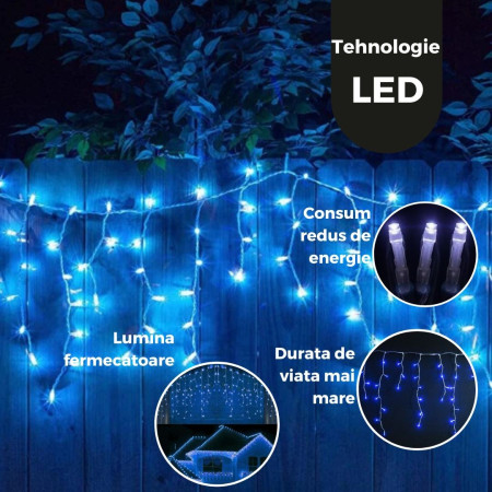 Instalatie Craciun Tip Franjuri/Turturi,  8 Jocuri de Lumini, Interconectabila, 12 m, 300 LED-uri, Prelungitor 1.5 m, Fir transparent, Albastru