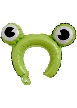 Balon din Folie Metalizata, Flippy, Tip Coronita cu Urechi, Model Broasca, Ambalaj Individual, Pai Inclus, Umflare cu Aer sau Heliu, 28 x 31 cm, Verde
