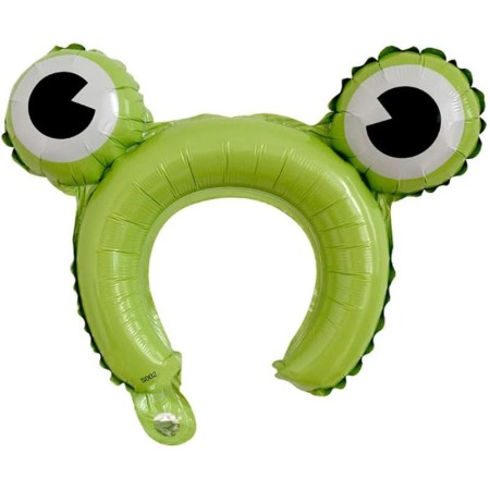 Balon din Folie Metalizata, Flippy, Tip Coronita cu Urechi, Model Broasca, Ambalaj Individual, Pai Inclus, Umflare cu Aer sau Heliu, 28 x 31 cm, Verde