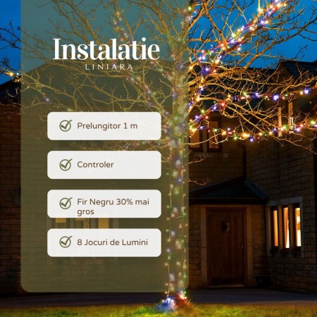 Instalatie de Craciun Liniara, 8 Jocuri de Lumini, Protectie anti-inghet, Fir Cupru, Controler, 50 m, 1 m Prelungitor 220V, 498 LED, Fir Negru, Multicolor