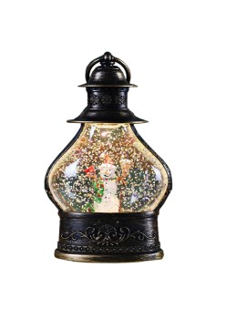 Decoratiune de Craciun tip Felinar, Flippy, Glob de Cristal cu Fulgi de Zapada, Model Om de Zapada, Ornamentat cu Luminite Interioare, 14.5 x 9 x 3 cm, Rama Neagra, Transparent