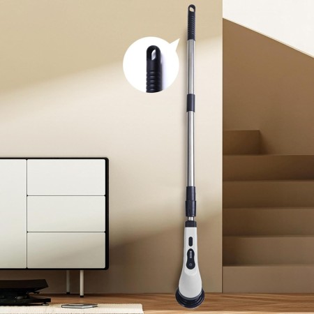 Perie Electrica de Curatare, Flippy, pentru Gresie, Baie, Bucatarie, 25x20x9.5 cm, cu 6 Capete, Maner Extensibil Detasabil 84-127cm, Incarcare USB-Type C, Rotire 360 de Grade, 3000 mAh, Culoare: Alb