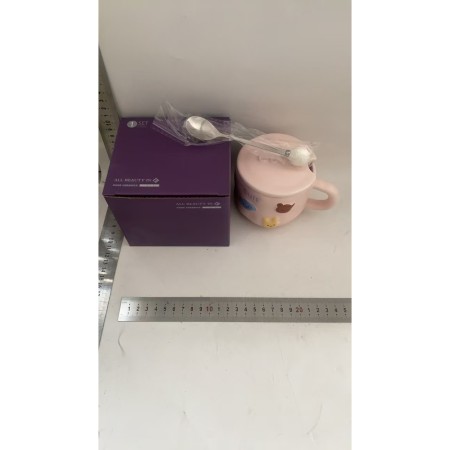 Cana ceramica, Flippy, Model Cute, cu capac si lingura, Roz