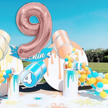 Balon din Folie Metalizata Flippy, Figurina Cifra, Tema Aniversare 40 cm, Ambalaj Individual, Pai inclus, Umflare cu Aer sau Heliu, Rose Gold, Cifra 9