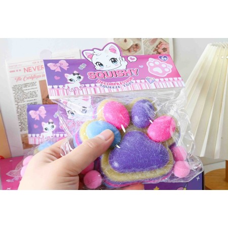 Jucarie Antistres Squishy, Flippy, cu Revenire Lenta, Model Labuta de Pisica Pufoasa, 12.5x10.5 cm, 220g, Squeeze Pinch Family, Ambalaj Transparent, Mov-Multicolor
