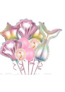 Set baloane aniversare pentru fetita, set din 9 baloane, Flippy, Tematica Sirene, 5 Baloane Folie, 4 baloane latex, Roz metalizat