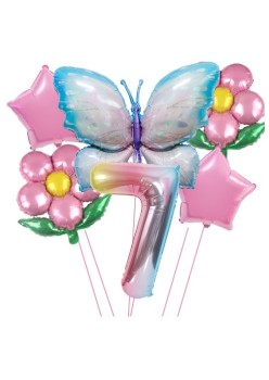 Set baloane aniversare cu numere, din folie de aluminiu, 6 piese, 2 flori, 2 stelute, 1 fluture, 1 cifra, Multicolor, Cifra 7