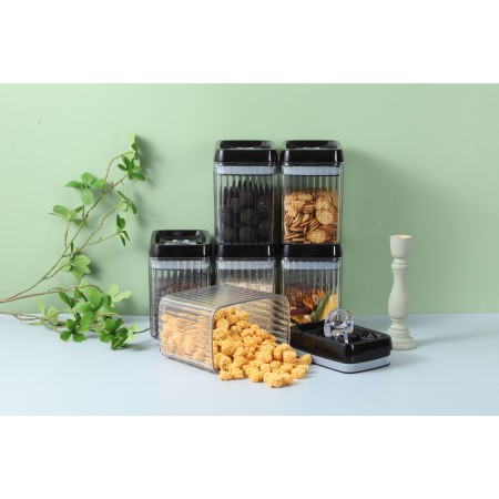 Cutii de Depozitare Alimente, Flippy, Set din 6 Cutii de tip Container, Recipiente pentru Cereale in Bucatarie,  Transparente cu Capac Negru