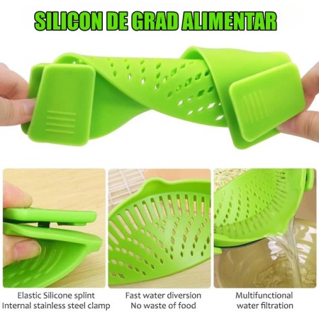 Filtru Silicon, Flippy, Verde, Rezistent la Caldura, Universal, Paste, Legume, Fructe, 23x12.5x6.7 cm
